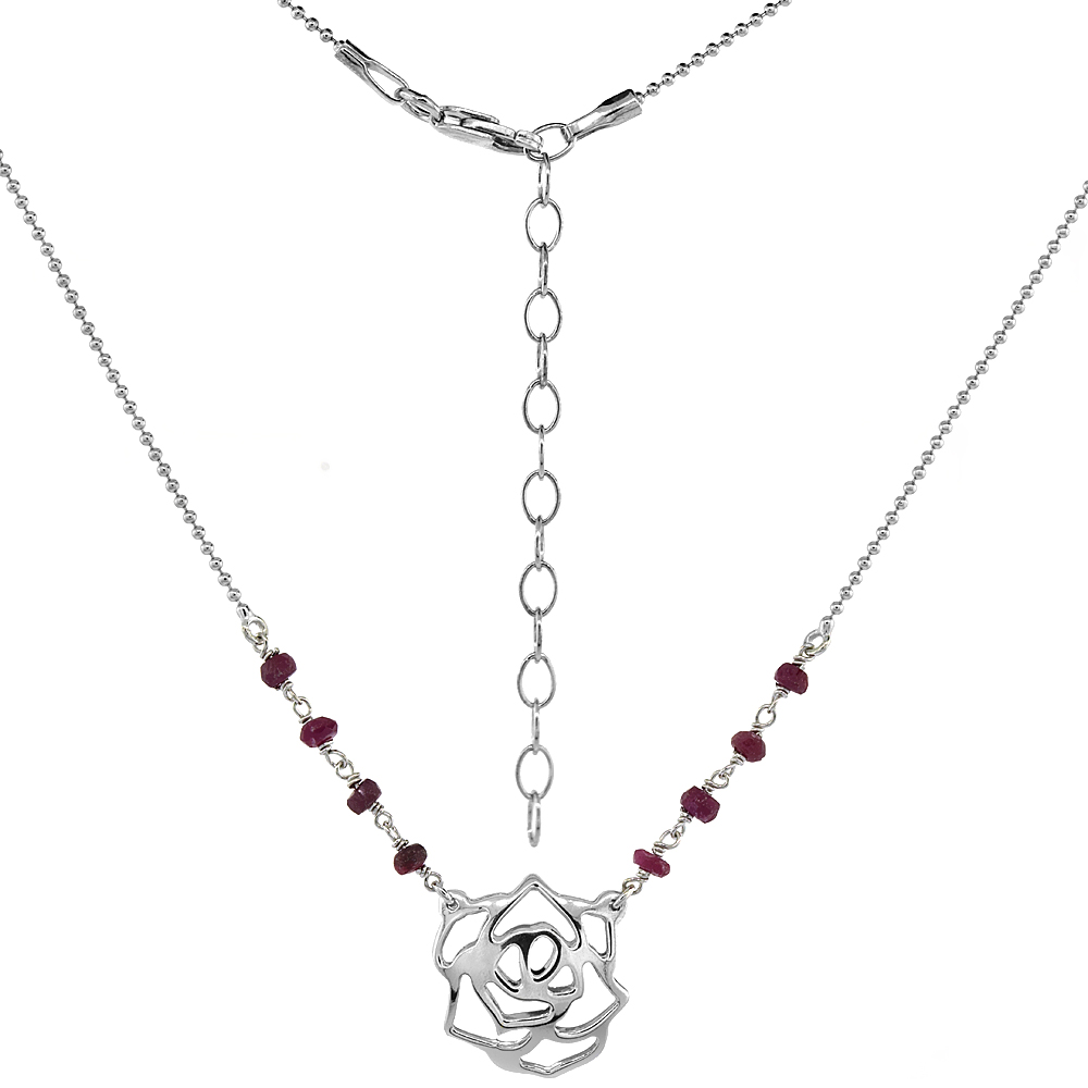 Sterling Silver Dainty Rose Flower Necklace Genuine Garnet Beads Faceted Rhodium 16-18 inch