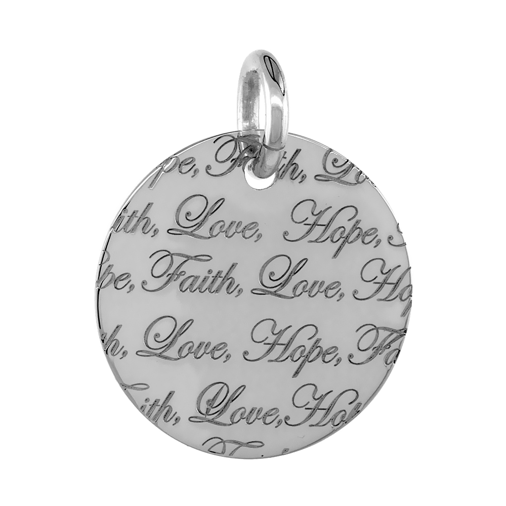STERLING SILVER FAITH LOVE HOPE ROUND PENDANT, 30MM (1 3/16 INCH) WIDE