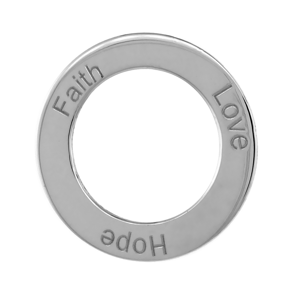 Sterling Silver FAITH LOVE HOPE Open Circle Disc Pendant, 21mm (13/16 inch) wide