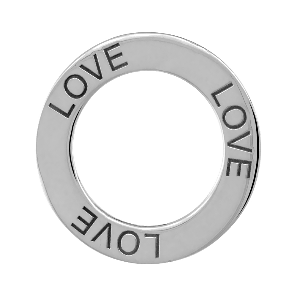 STERLING SILVER LOVE OPEN CIRCLE DISC PENDANT, 21MM (13/16 INCH) WIDE