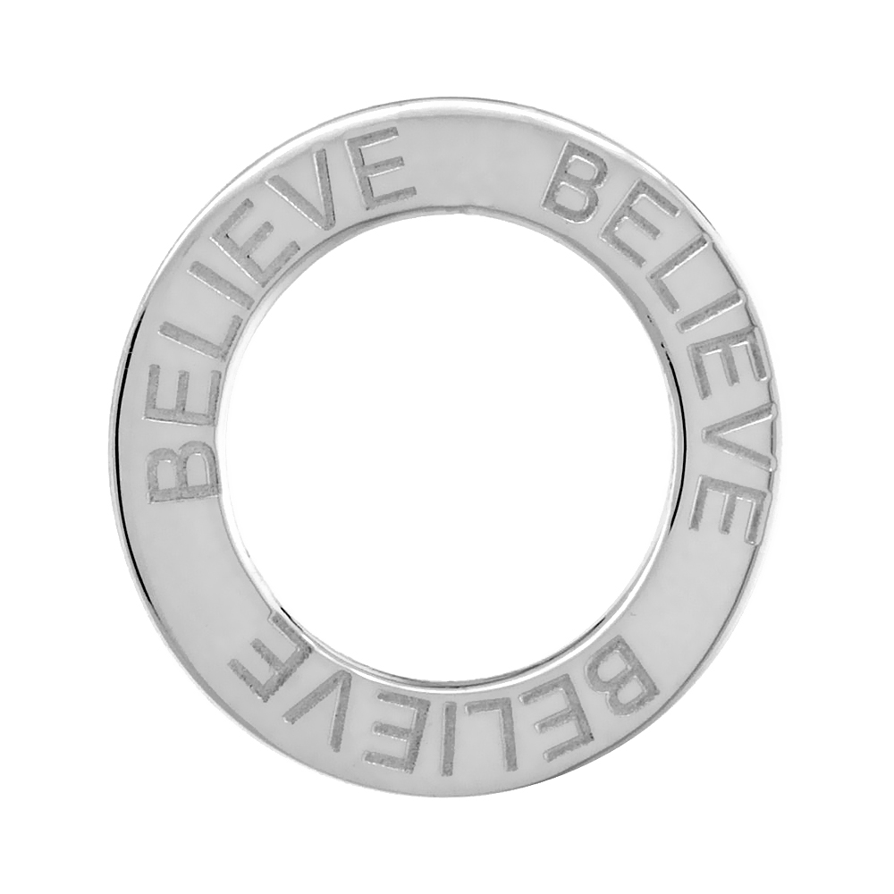 STERLING SILVER BELIEVE OPEN CIRCLE DISC PENDANT, 21MM (13/16 INCH) WIDE
