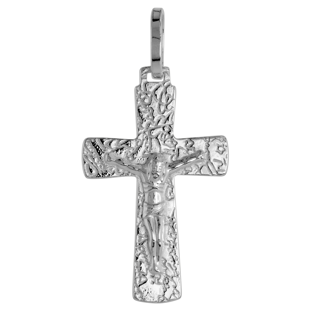 STERLING SILVER CRUCIFIX PENDANT NUGGET FINISH SOLID BACK, 3/4 INCH WIDE