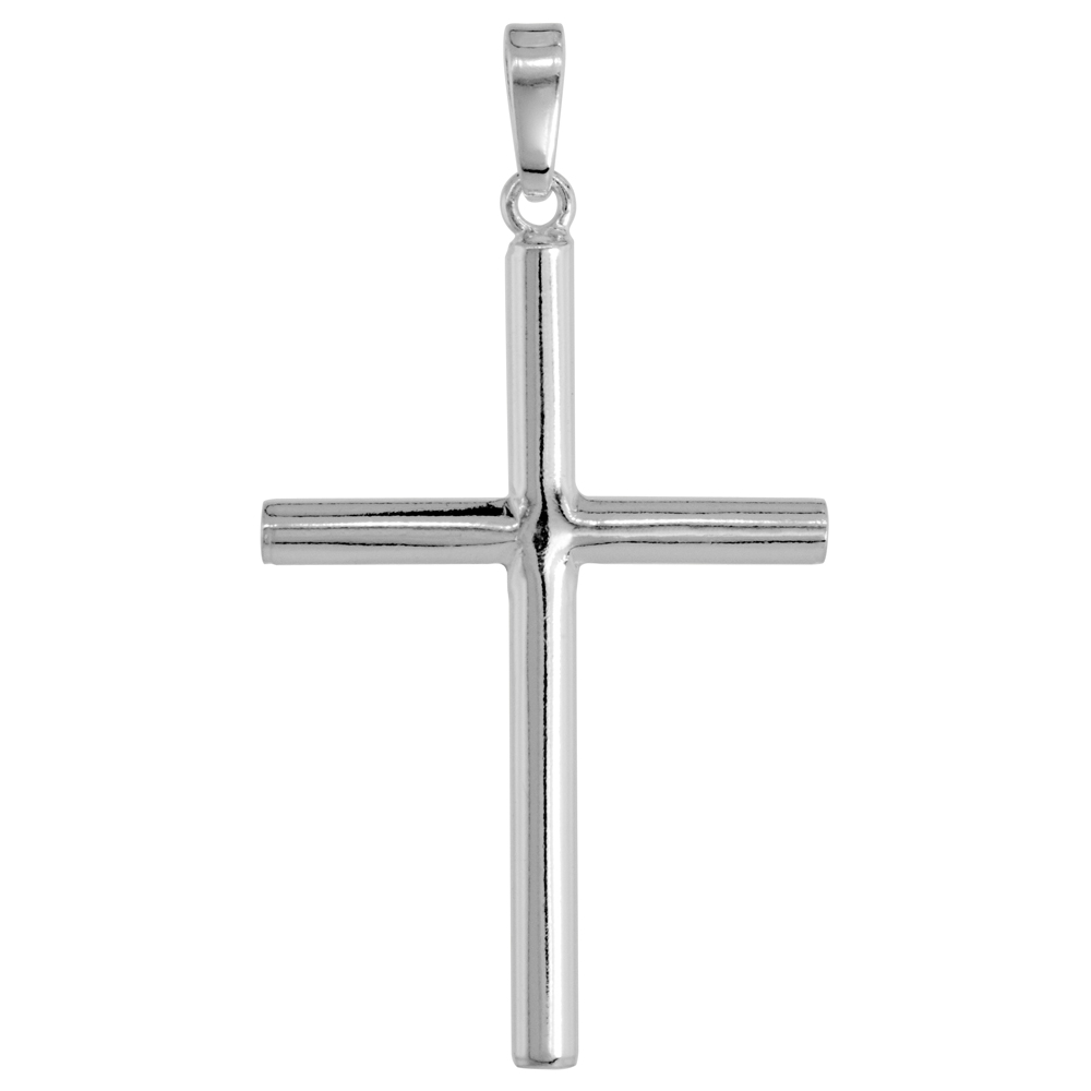 STERLING SILVER LARGE PLAIN CROSS PENDANT TUBULAR HIGH POLISHED, 1 INCH WIDE