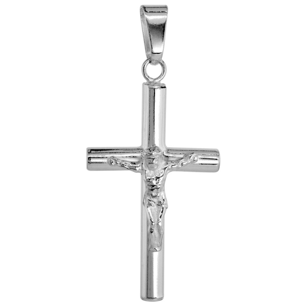 STERLING SILVER LARGE PLAIN CRUCIFIX PENDANT SOLID BACK HIGH POLISHED, 7/8 INCH WIDE