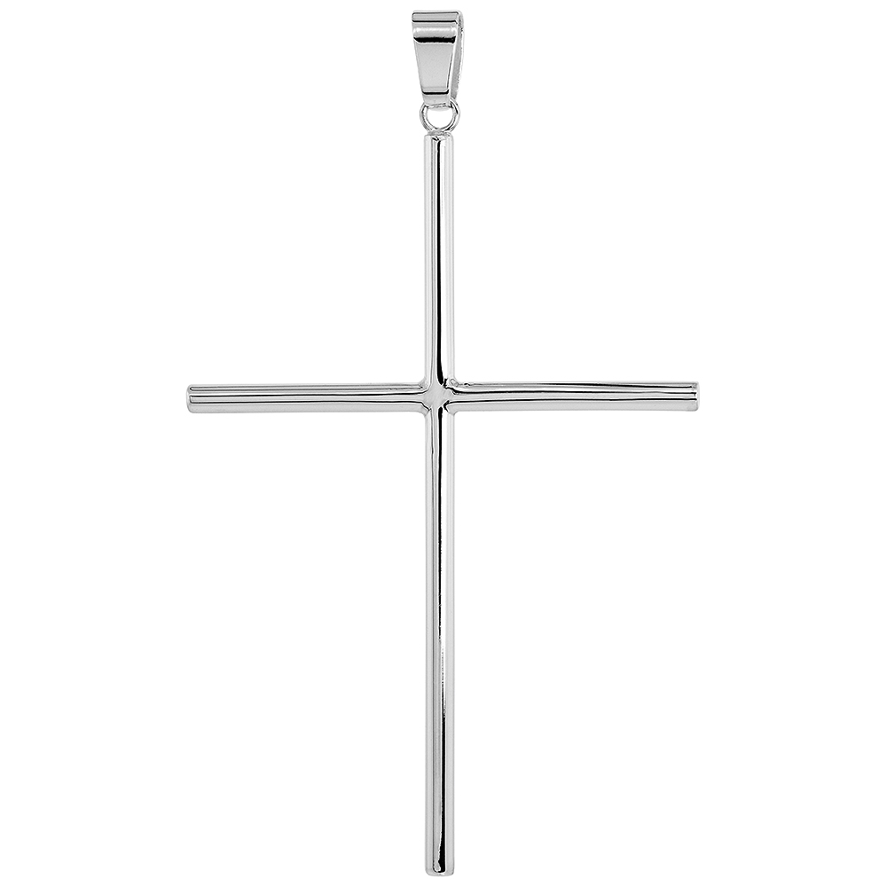 STERLING SILVER LARGE PLAIN CROSS PENDANT FOR MEN AND WOMEN 3MM TUBULAR HIGH POLISHED 3 INCH