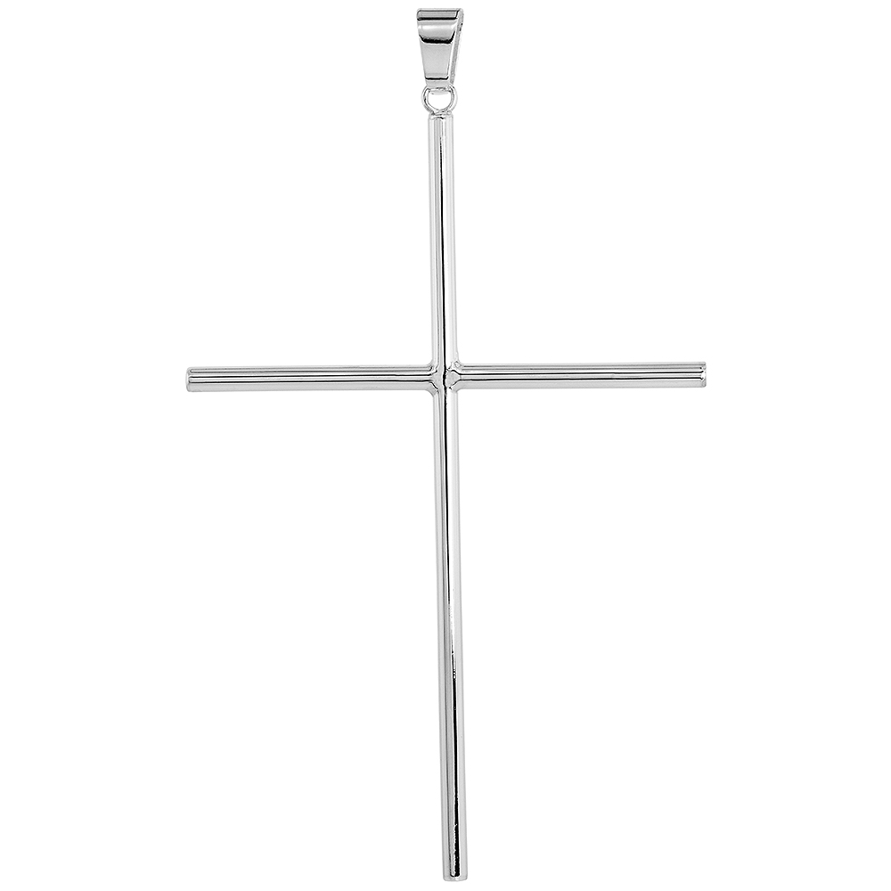 Sterling Silver Large Plain Cross Pendant for Men and Women 3mm Tubular High Polished 3 3/4 inch