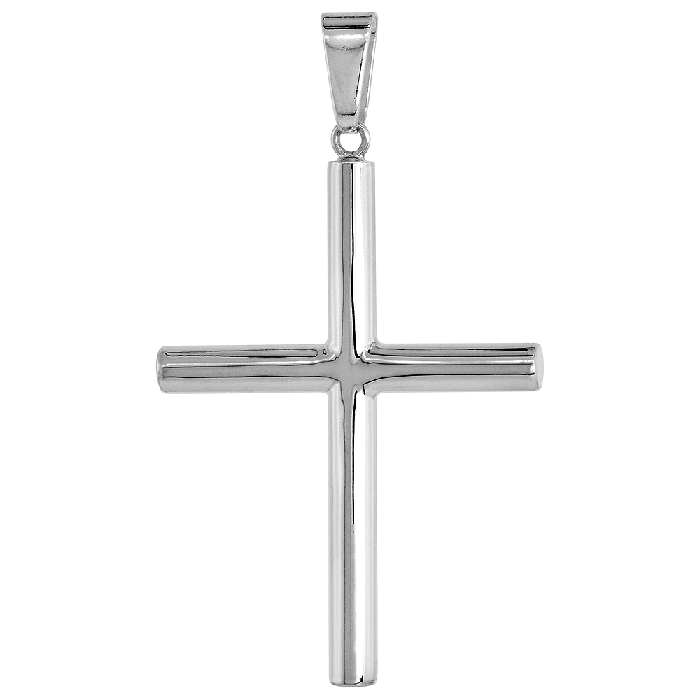 STERLING SILVER LARGE PLAIN CROSS PENDANT FOR MEN AND WOMEN 4MM TUBULAR HIGH POLISHED 1 3/4 INCH