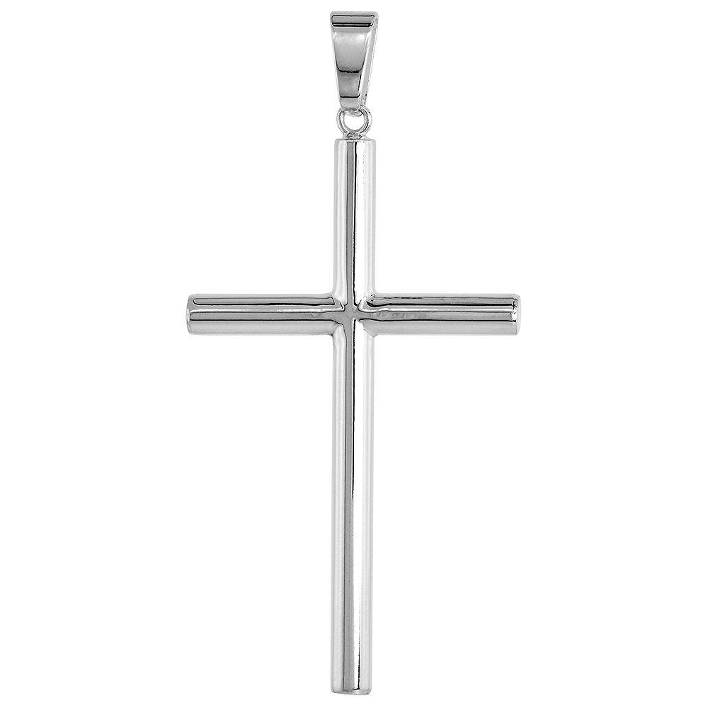 Sterling Silver Large Plain Cross Pendant for Men and Women 4mm Tubular High Polished 2 1/4 inch