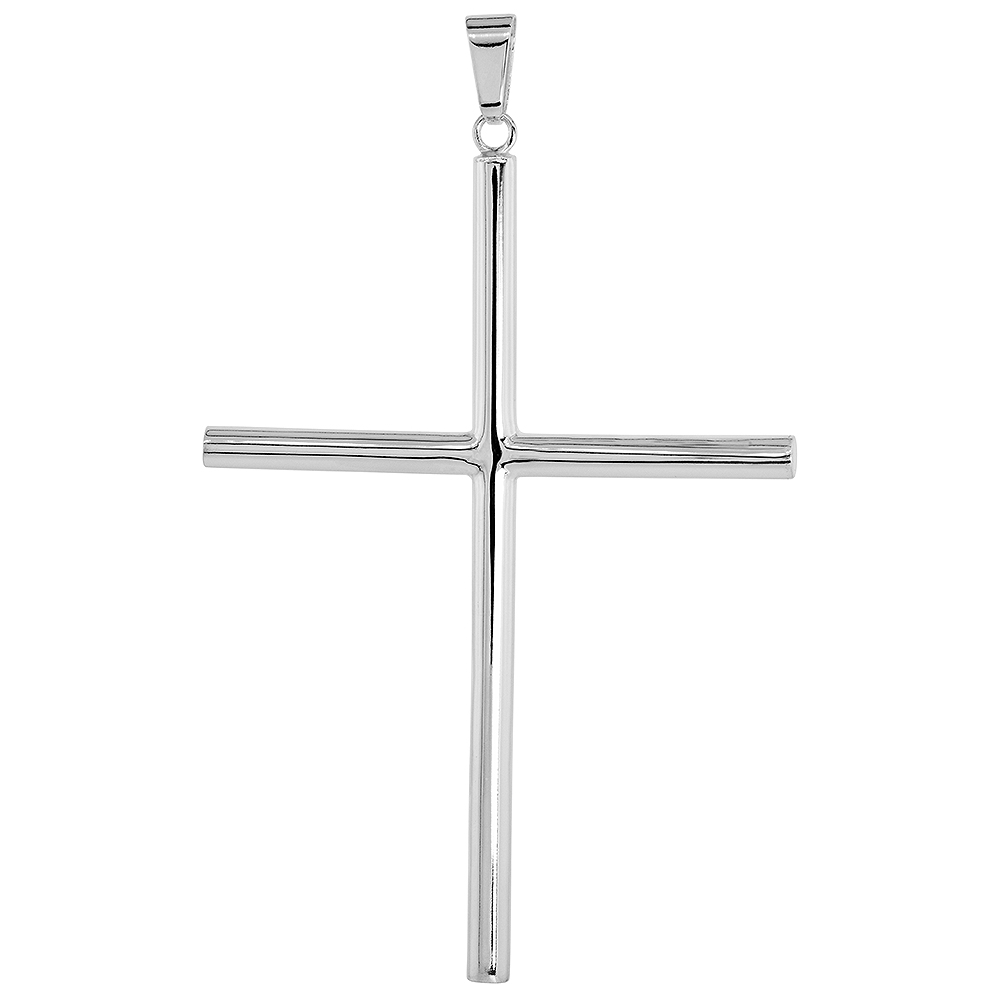 STERLING SILVER LARGE PLAIN CROSS PENDANT FOR MEN AND WOMEN 4MM TUBULAR HIGH POLISHED 3 INCH