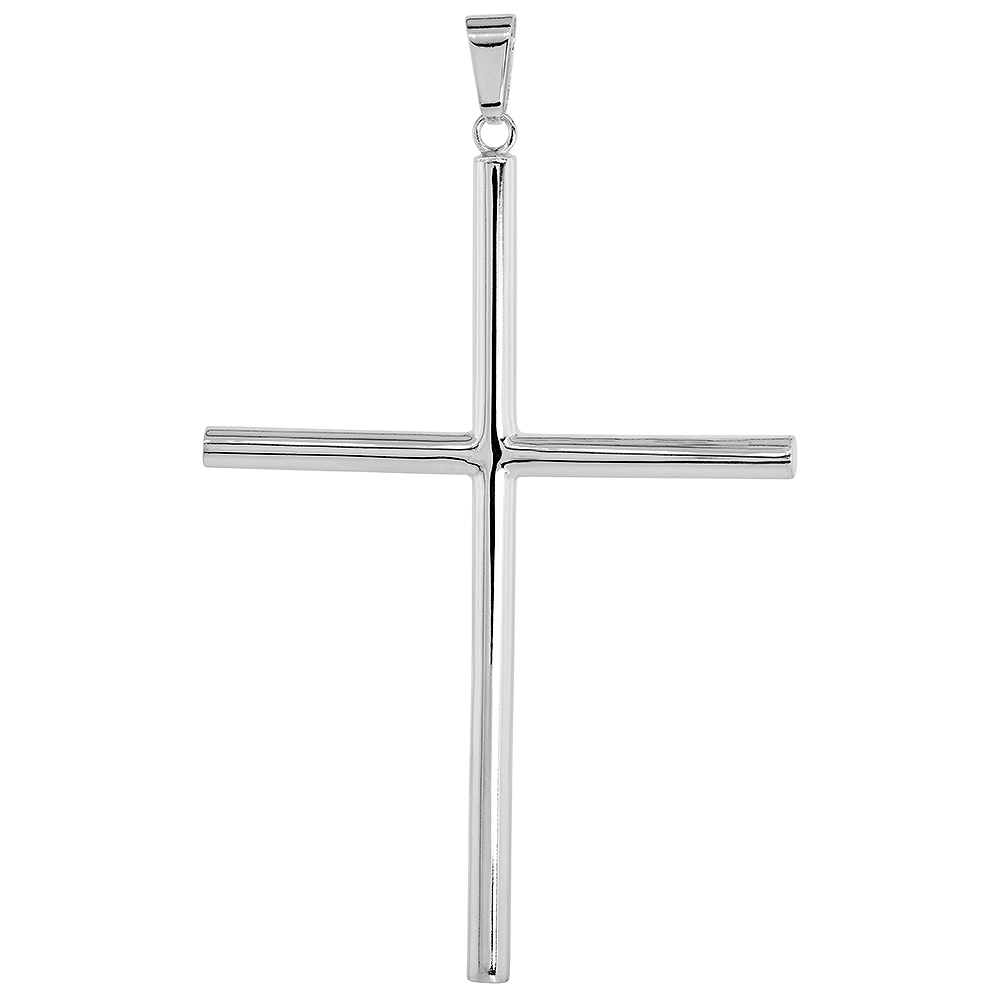 Sterling Silver Large Plain Cross Pendant for Men and Women 4mm Tubular High Polished 3 inch