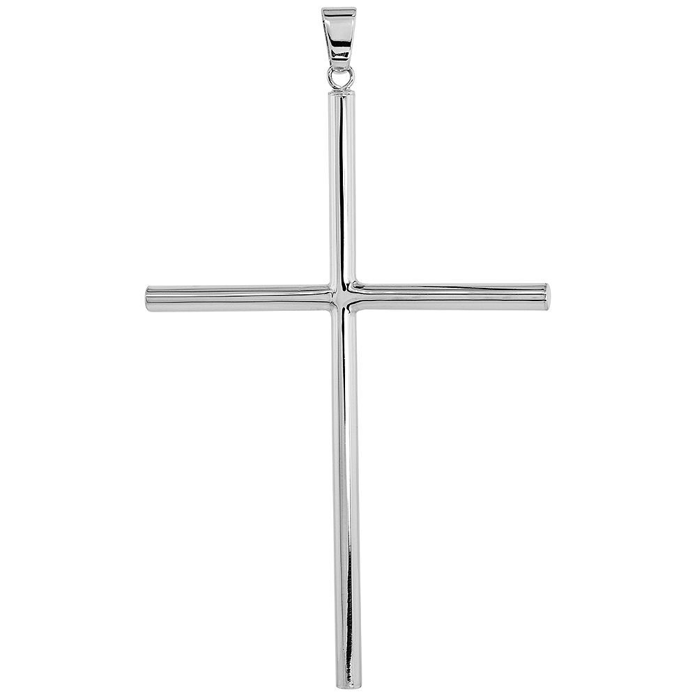 Sterling Silver Large Plain Cross Pendant for Men and Women 4mm Tubular High Polished 3 3/4 inch