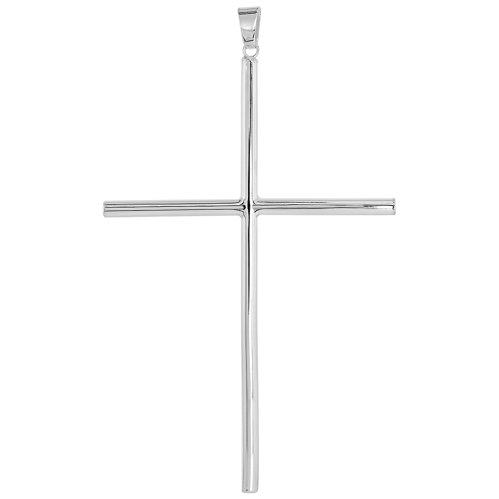 Sterling Silver Large Plain Cross Pendant for Men and Women 4mm Tubular High Polished 4 inch