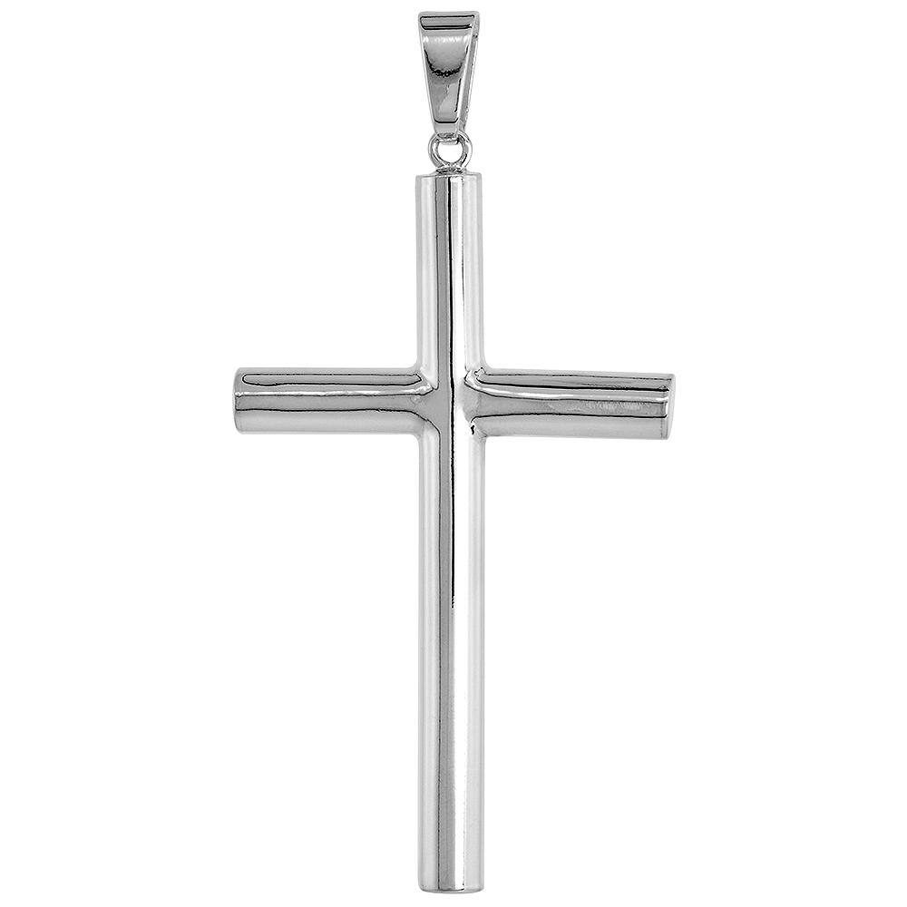 Sterling Silver Large Plain Cross Pendant for Men and Women 5mm Tubular High Polished 2 1/4 inch