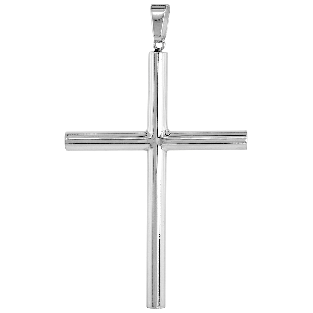 Sterling Silver Large Plain Cross Pendant for Men and Women 5mm Tubular High Polished 2 3/4 inch