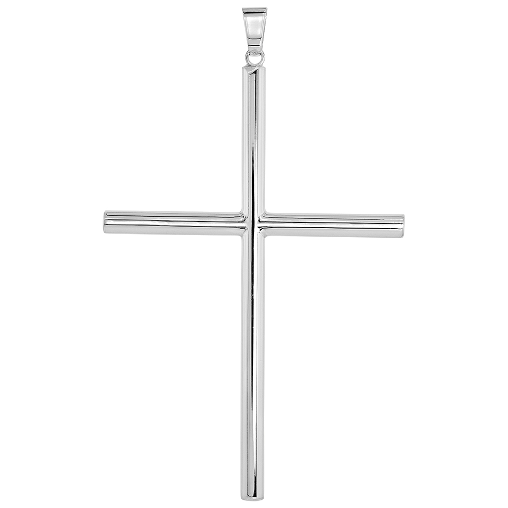 STERLING SILVER LARGE PLAIN CROSS PENDANT FOR MEN AND WOMEN 5MM TUBULAR HIGH POLISHED 3 3/4 INCH