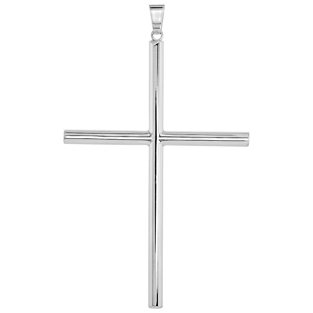 Sterling Silver Large Plain Cross Pendant for Men and Women 5mm Tubular High Polished 3 3/4 inch