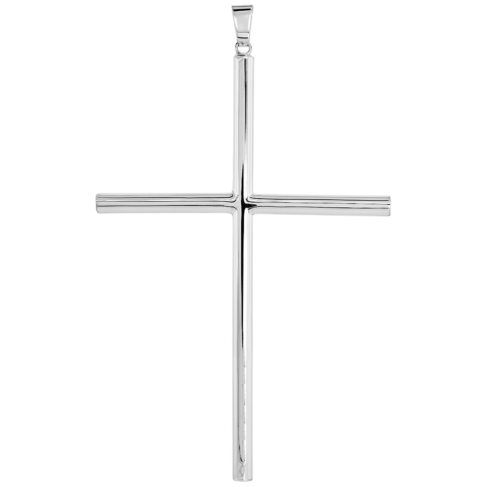 STERLING SILVER LARGE PLAIN CROSS PENDANT FOR MEN AND WOMEN 5MM TUBULAR HIGH POLISHED 4 INCH