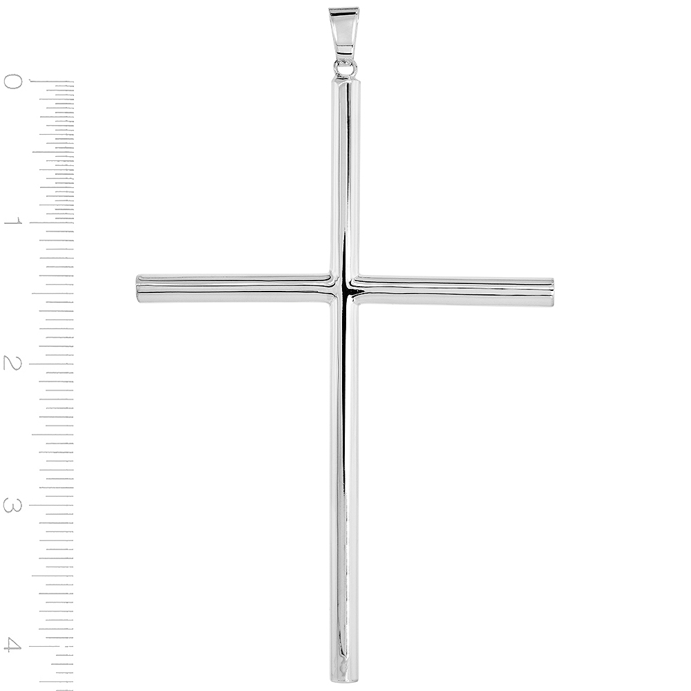 Sterling Silver Large Plain Cross Pendant Tubular High Polished 1 3/4 - 4.0 inches long