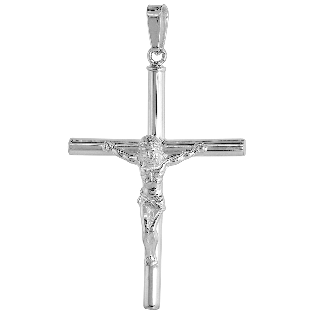 Sterling Silver Large Plain Crucifix Pendant 3mm Tubular High Polished 1 3/4 inch