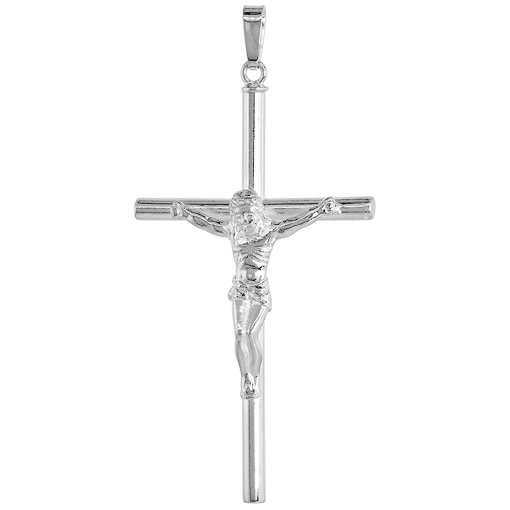 Sterling Silver Large Plain Crucifix Pendant 3mm Tubular High Polished 2 1/4 inch