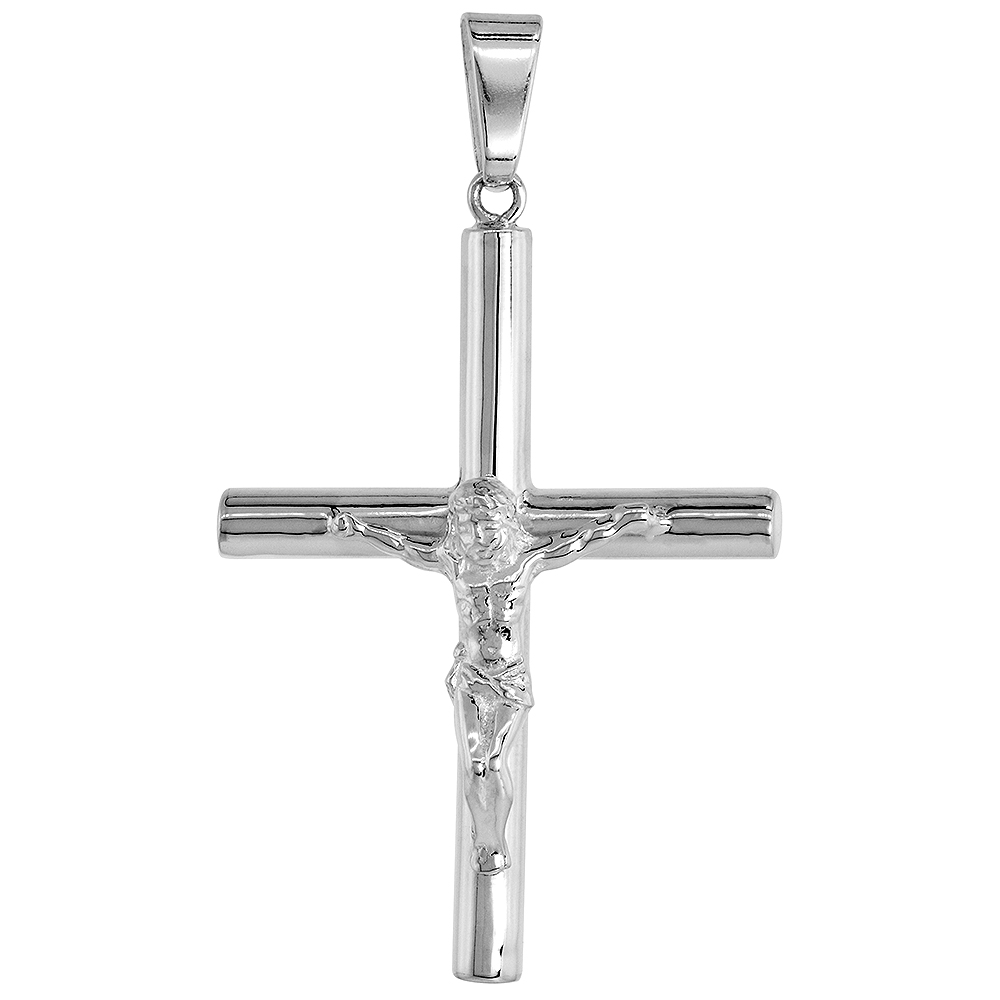 Sterling Silver Large Plain Crucifix Pendant 4mm Tubular High Polished 1 3/4 inch