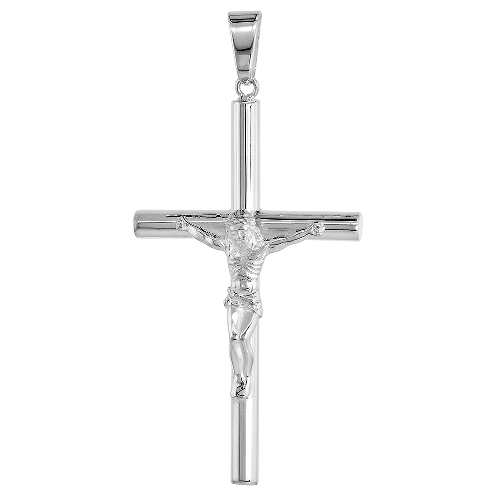 Sterling Silver Large Plain Crucifix Pendant 4mm Tubular High Polished 2 1/4 inch