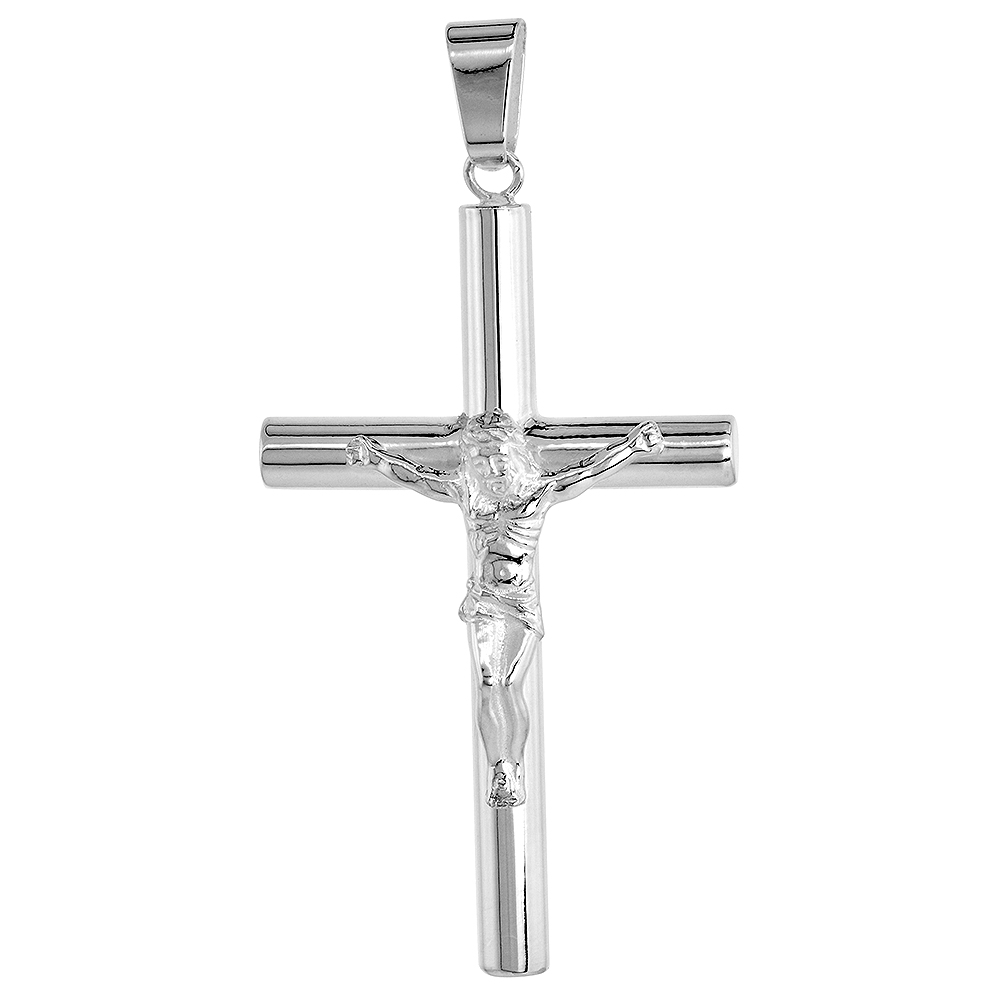 Sterling Silver Large Plain Crucifix Pendant 5mm Tubular High Polished 2 1/4 inch