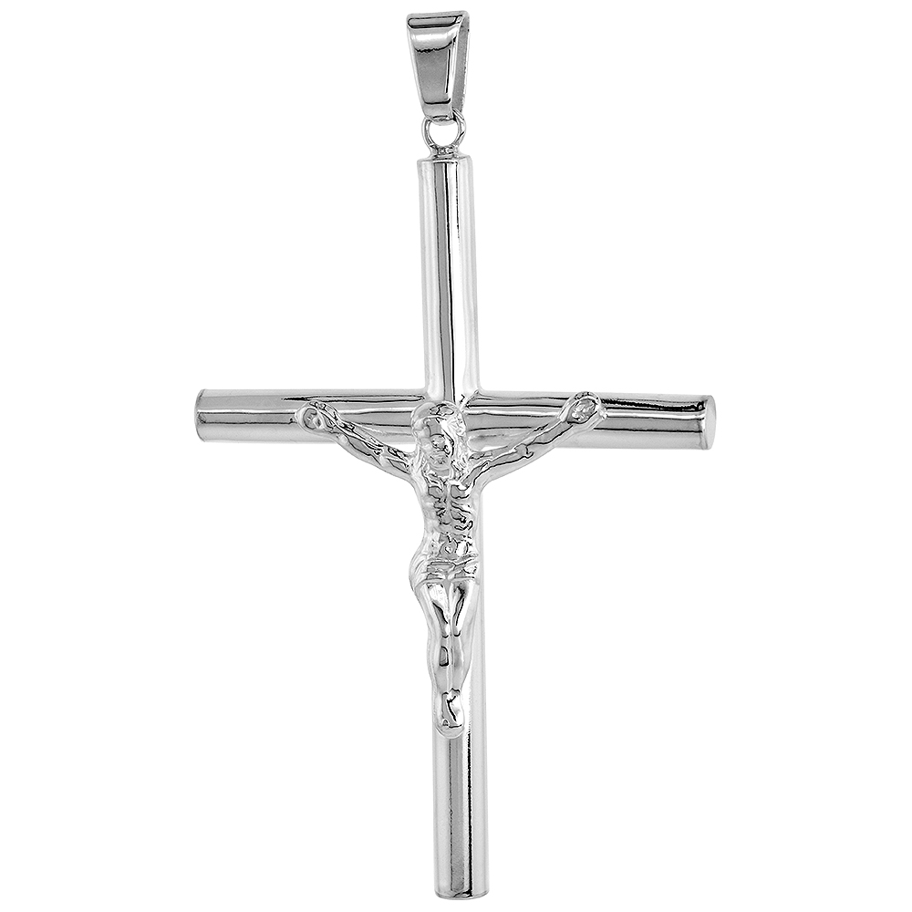 Sterling Silver Large Plain Crucifix Pendant 5mm Tubular High Polished 2 3/4 inch