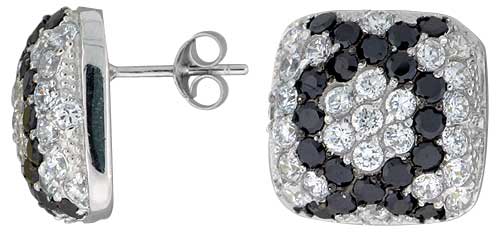 Sterling Silver 5/8&quot; (16 mm) tall Jeweled Cushion-shaped Post Earrings, Rhodium Plated w/ High Quality Black &amp; White CZ Stones