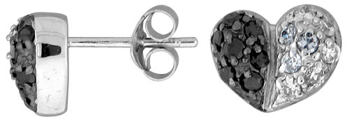 Sterling Silver 5/16&quot; (8 mm) tall Jeweled Heart Post Earrings, Rhodium Plated w/ High Quality Black &amp; White CZ Stones
