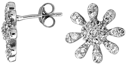 Sterling Silver 1/2&quot; (13 mm) tall Jeweled Sun Post Earrings, Rhodium Plated w/ High Quality CZ Stones