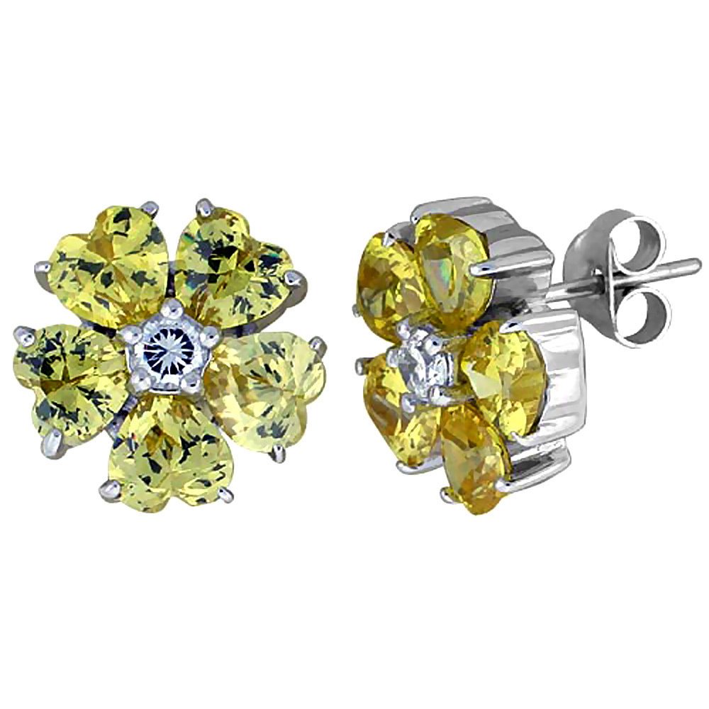 Sterling Silver Flower Stud Earrings w/ Heart-shaped Yellow Topaz-colored CZ Stones, 1/2" (12 mm) tall