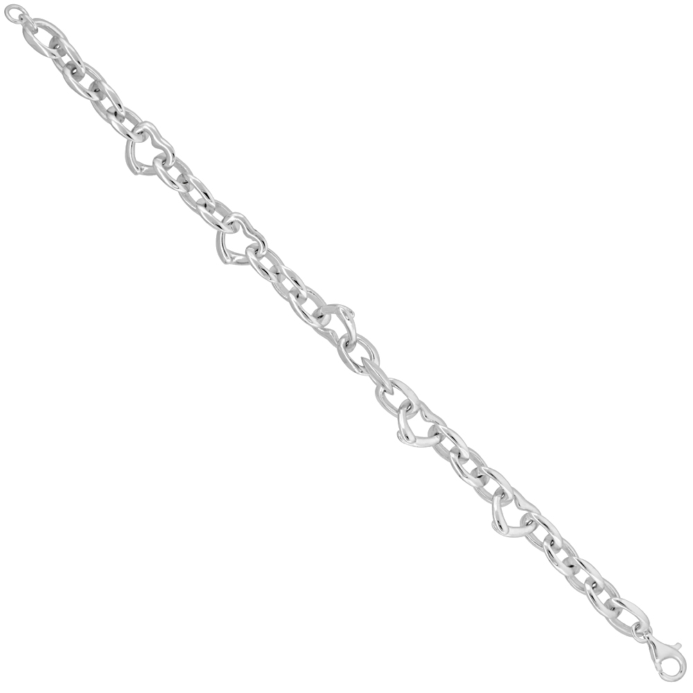 Sterling Silver String of Hearts Bracelet 3/8 inch wide, 7 inches long