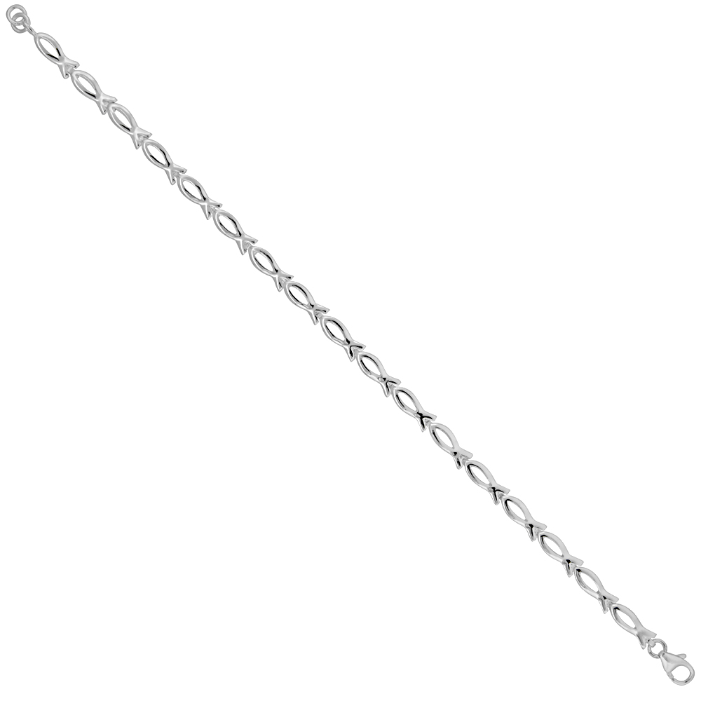 Sterling Silver Small Ichthys Link Bracelet 3/16 inch wide, 7 inches long