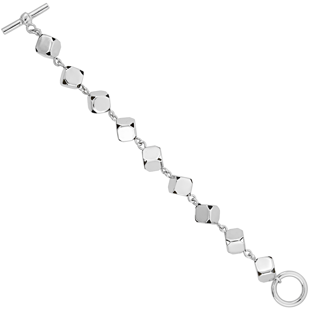 Sterling Silver 3D Cube Link Bracelet Glossy Finish 5/16 inch wide, 7 inches long