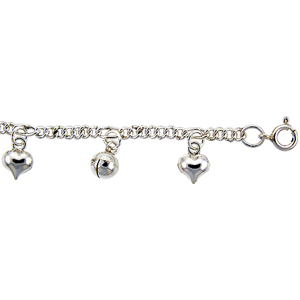 STERLING SILVER ANKLET WITH HEARTS AND BELLS, FITS 9 - 10 INCH ANKLES