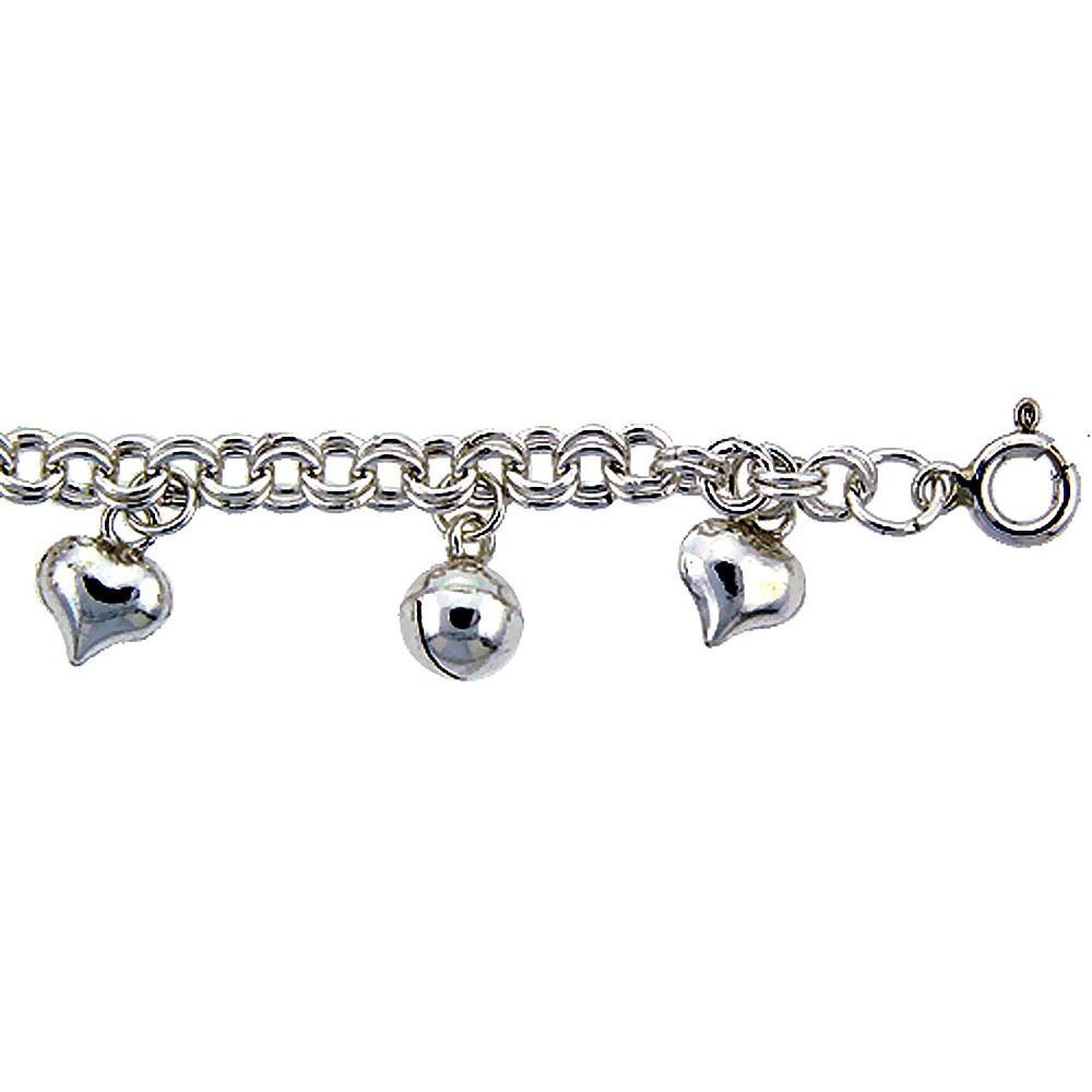 STERLING SILVER ANKLET WITH HEARTS AND BELLS, FITS 9 - 10 INCH ANKLES