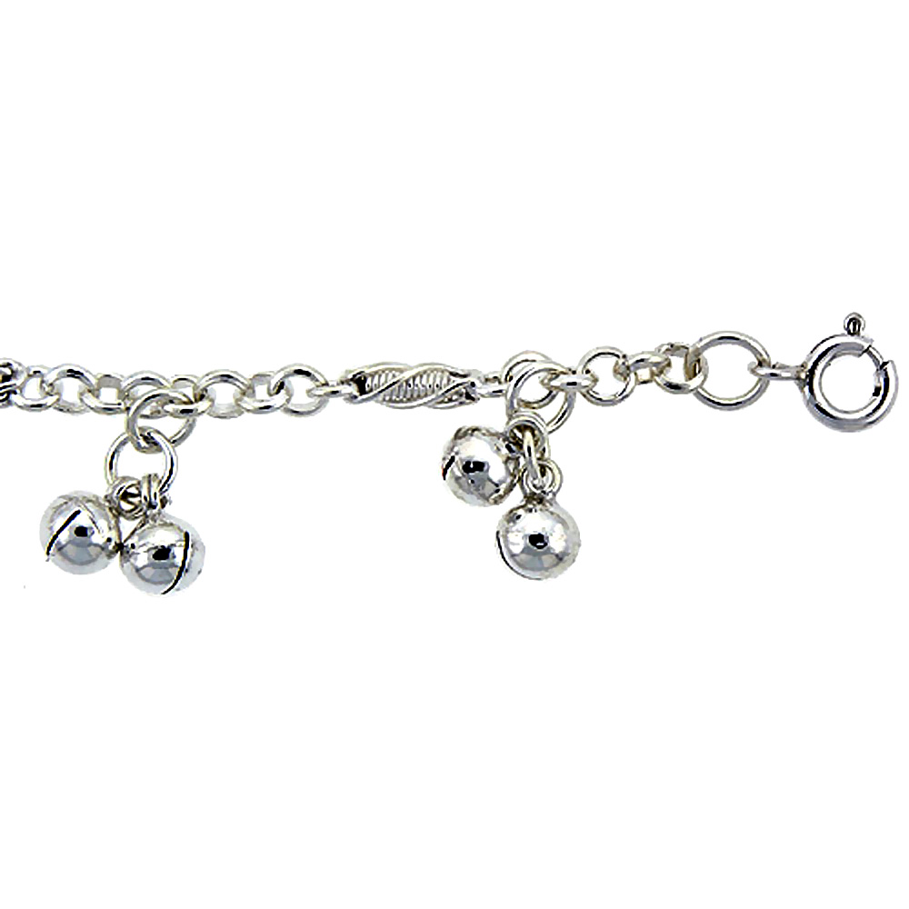 STERLING SILVER ANKLET WITH BELLS, FITS 9 - 10 INCH ANKLES