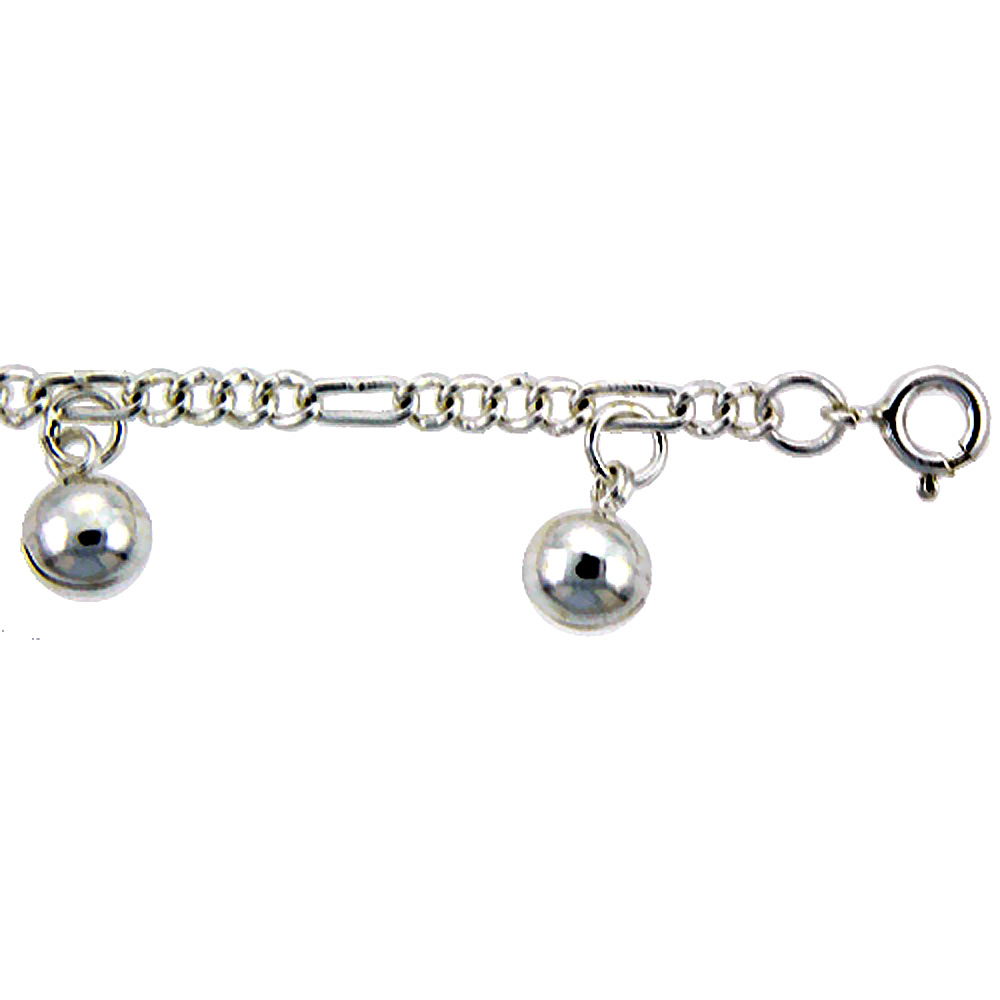 STERLING SILVER FIGARO ANKLET WITH BELLS, FITS 9 - 10 INCH ANKLES