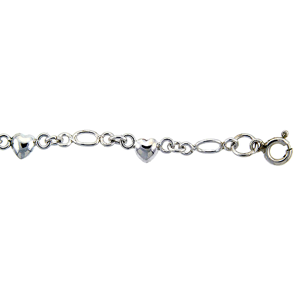 STERLING SILVER ANKLET WITH HEARTS, FITS 9 - 10 INCH ANKLES