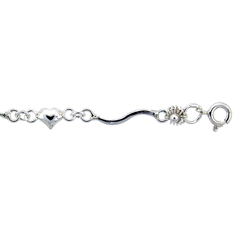 STERLING SILVER ANKLET WITH HEARTS AND FLOWERS, FITS 9 - 10 INCH ANKLES
