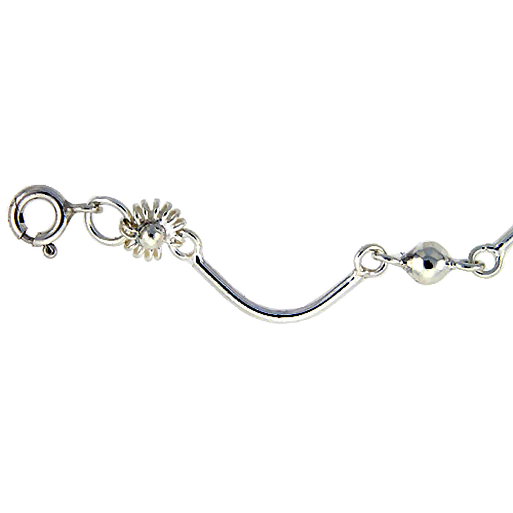 STERLING SILVER ANKLET WITH FLOWERS AND BEADS, FITS 9 - 10 INCH ANKLES