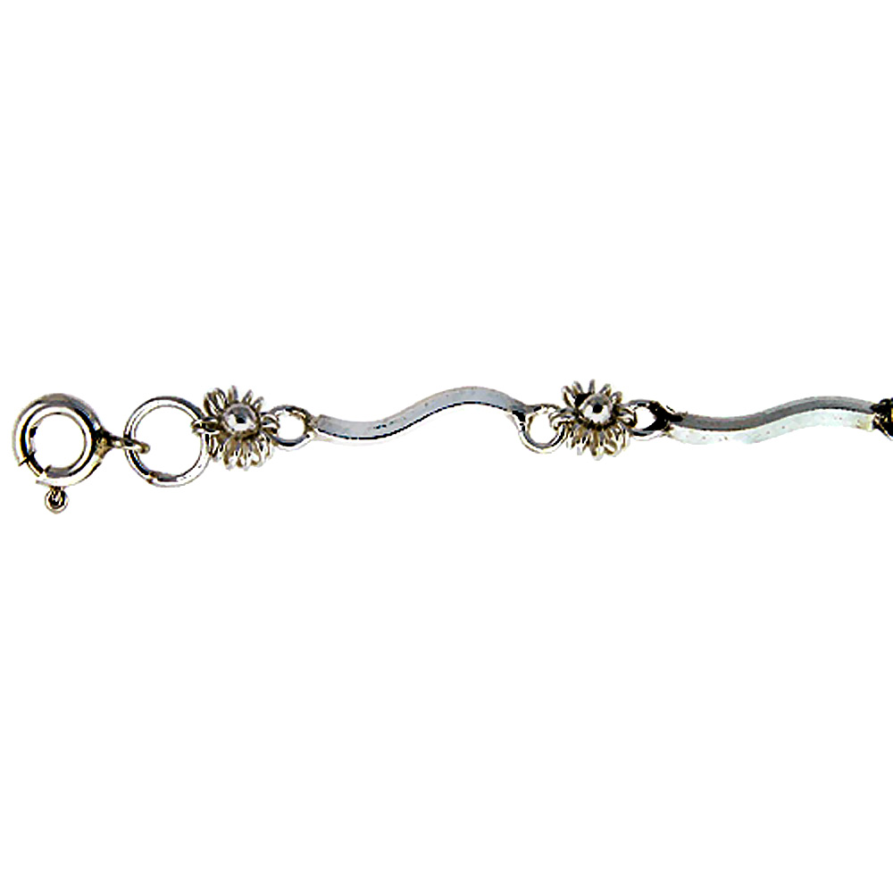 STERLING SILVER ANKLET WITH FLOWERS, FITS 9 - 10 INCH ANKLES