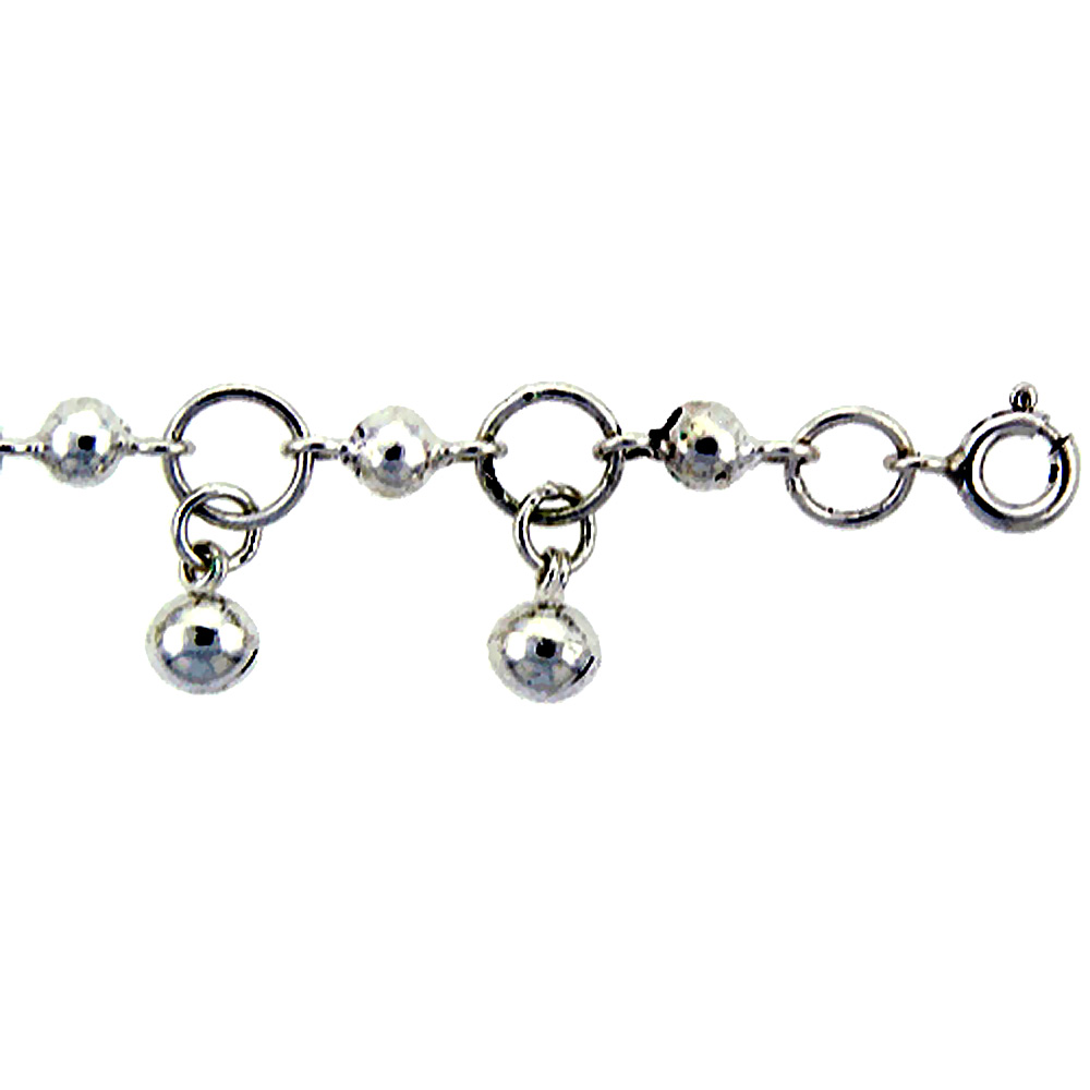 STERLING SILVER CIRCLE LINK ANKLET WITH BEADS & BELLS, FITS 9 - 10 INCH ANKLES