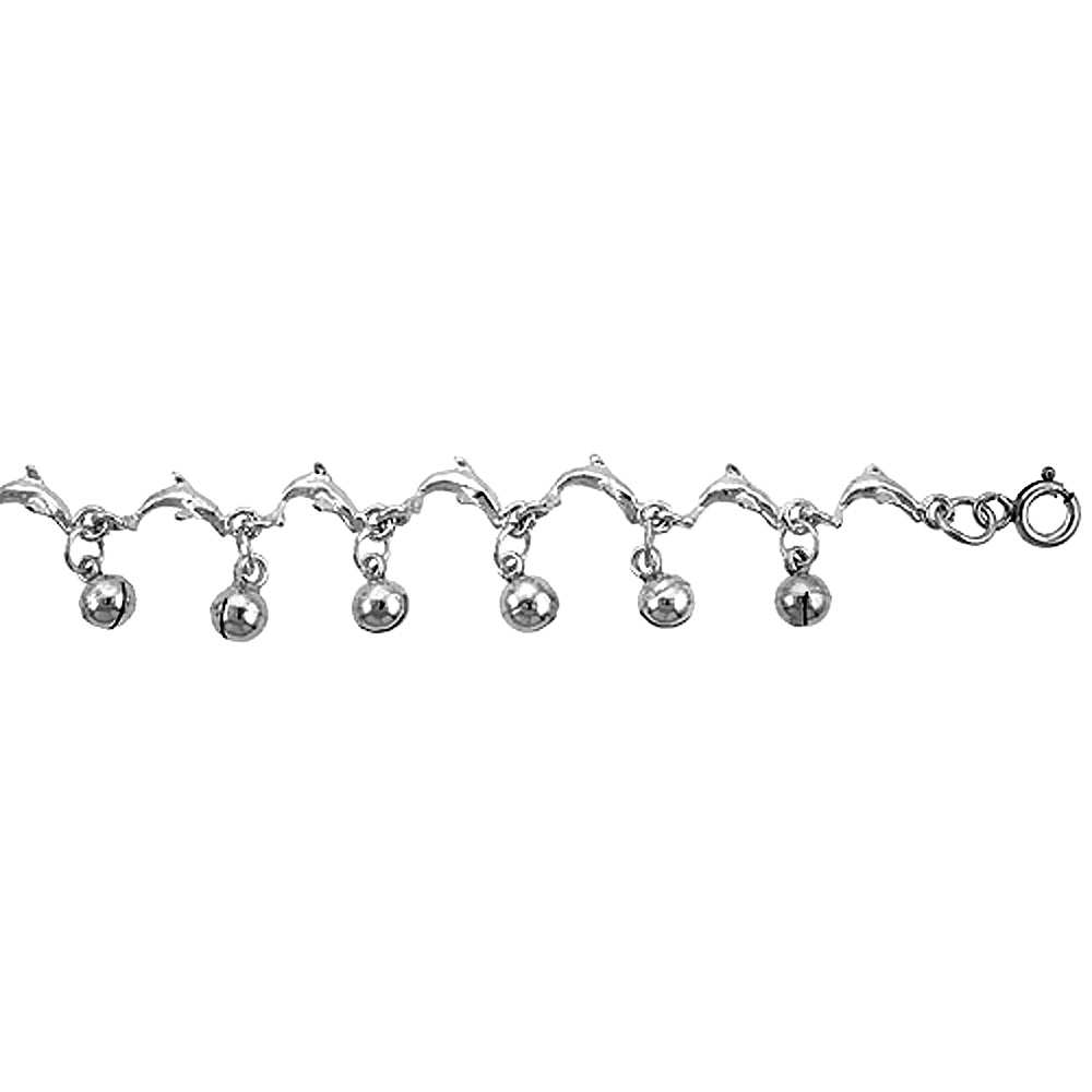 STERLING SILVER ANKLET WITH JUMPING DOLPHINS AND BELLS, FITS 9 - 10 INCH ANKLES