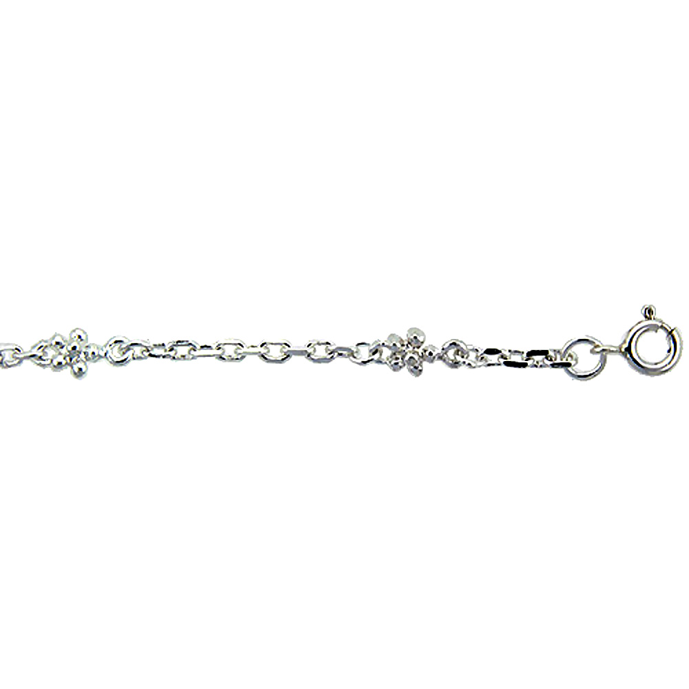 STERLING SILVER ANKLET WITH TEENY FLOWERS, FITS 9 - 10 INCH ANKLES