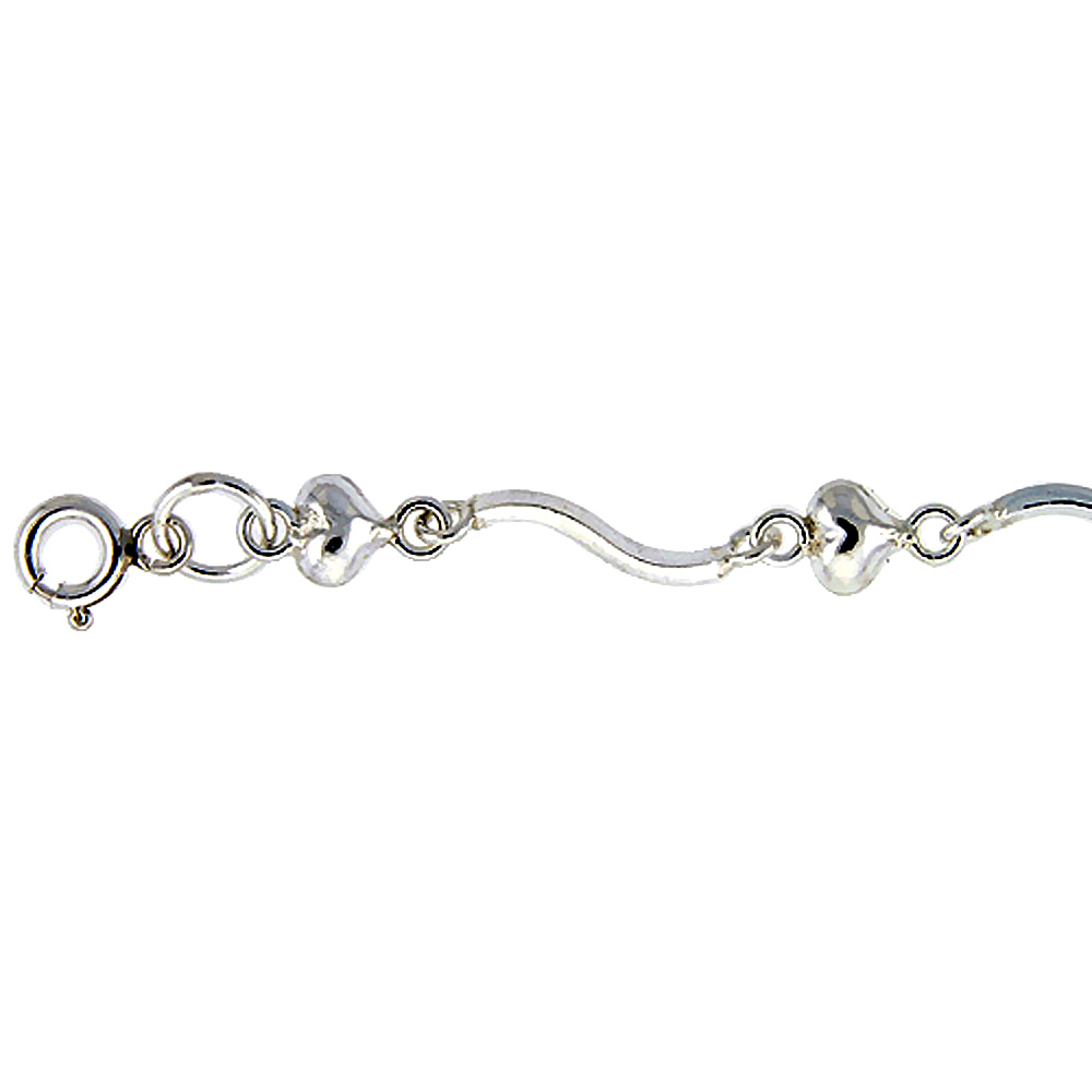 STERLING SILVER ANKLET WITH HEARTS, FITS 9 - 10 INCH ANKLES