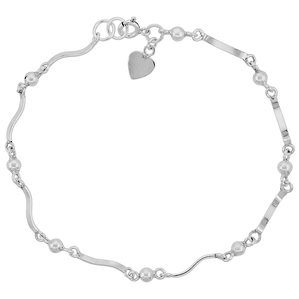 STERLING SILVER ANKLET WITH HEARTS AND BEADS, FITS 9 - 10 INCH ANKLES