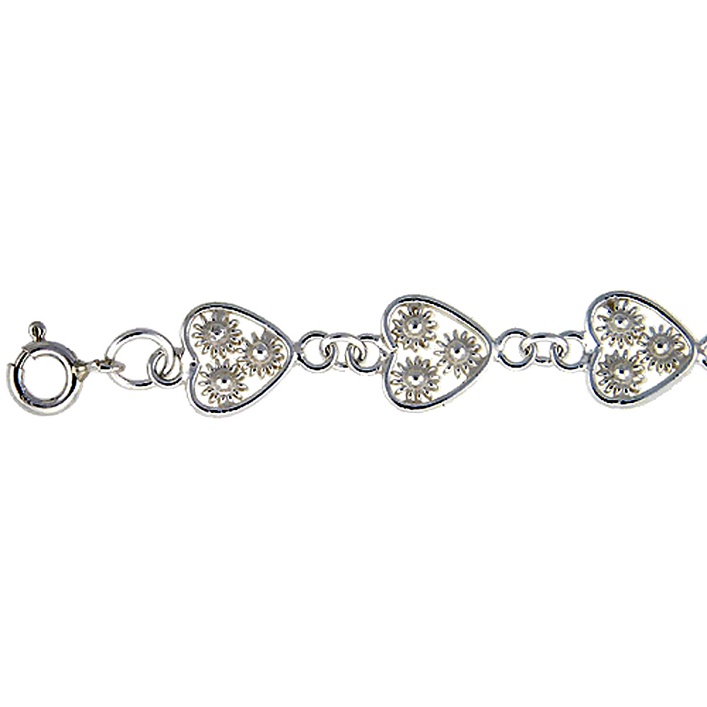 STERLING SILVER ANKLET WITH CUT OUT HEARTS AND FLOWERS, FITS 9 - 10 INCH ANKLES