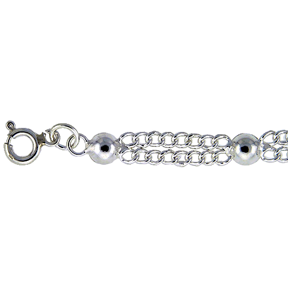 STERLING SILVER DOUBLE STRAND CURB LINK ANKLET WITH HALF BALL CHARMS, FITS 9 - 10 INCH ANKLES